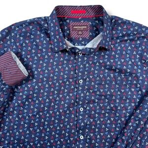 Johnston & Murphy Button Down Shirt Mens XL Navy Blue Skull Crossbones Cotton